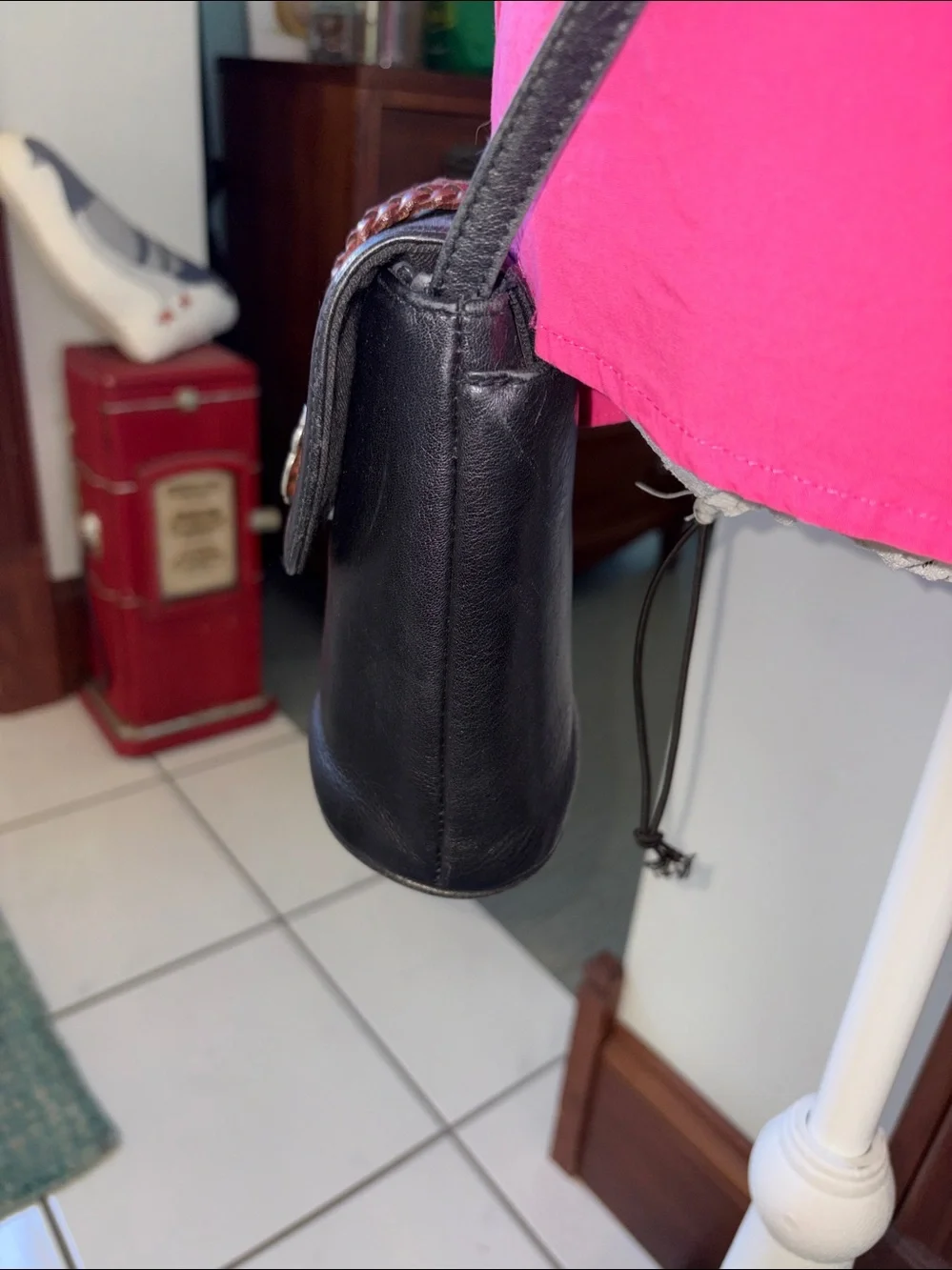Brighton  Crossbody phone Bag /Leather black Brown Braided Strap /Silvertone det